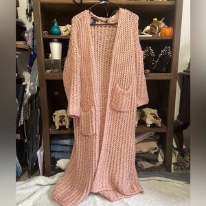 Forever 21 pink knit long cardigan duster chunky pockets euc